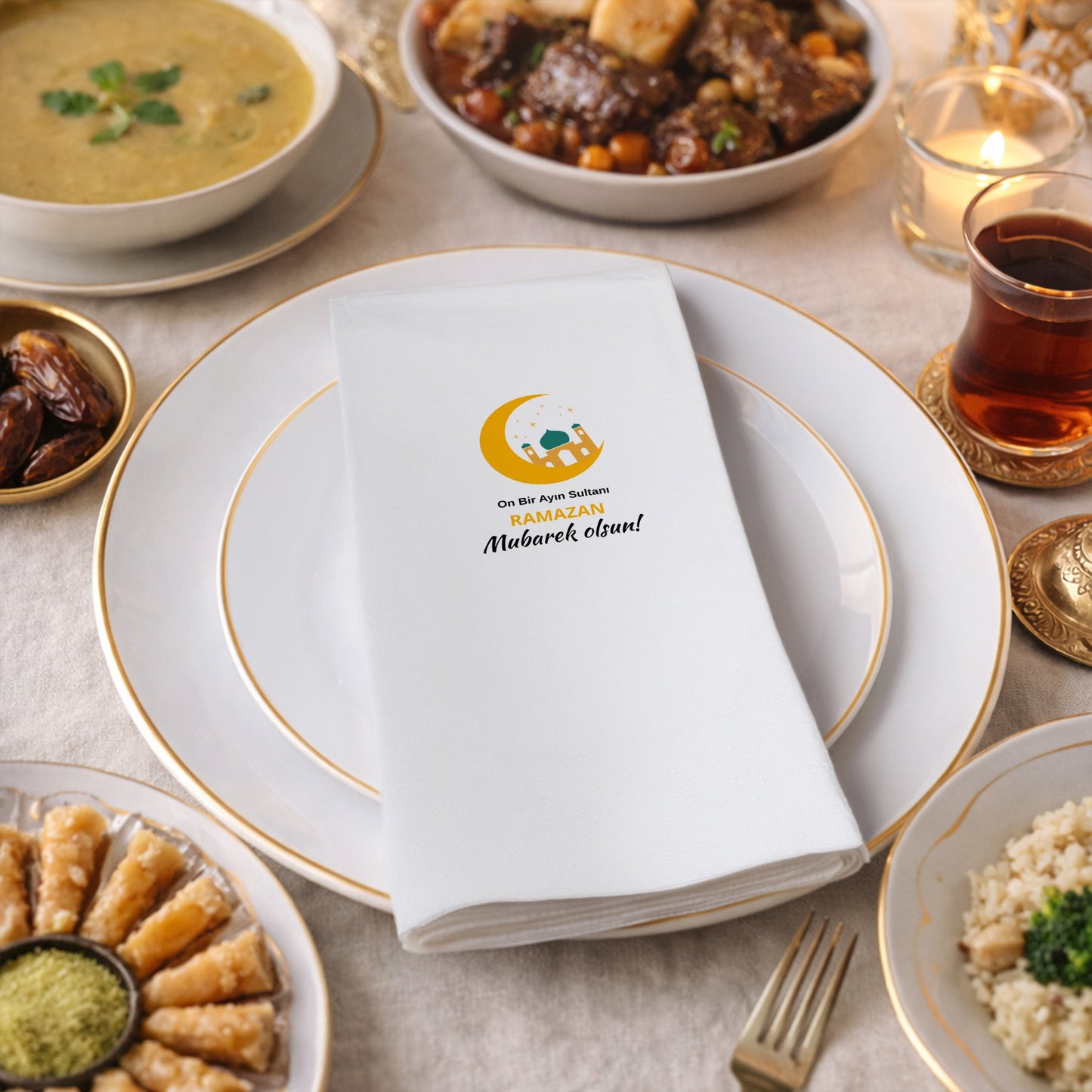 Ramazan Desenli Baskılı Peçete – On Bir Ayın Sultanı | Ramazan Mübarek Olsun | 33x33 cm