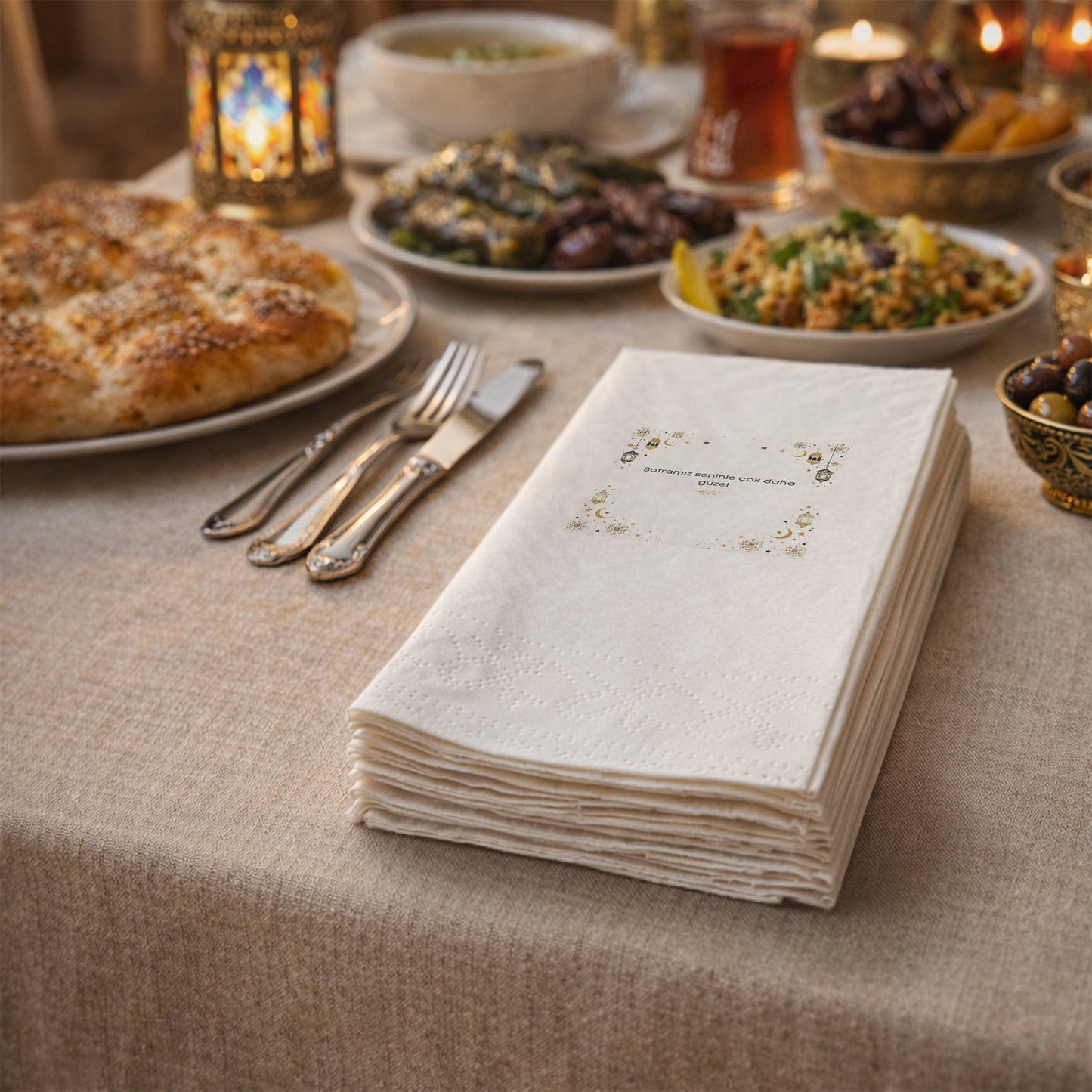 Ramazan Desenli Baskılı Peçete – Soframız Seninle Çok Daha Güzel | Zarif İkonlu | 33x33 cm