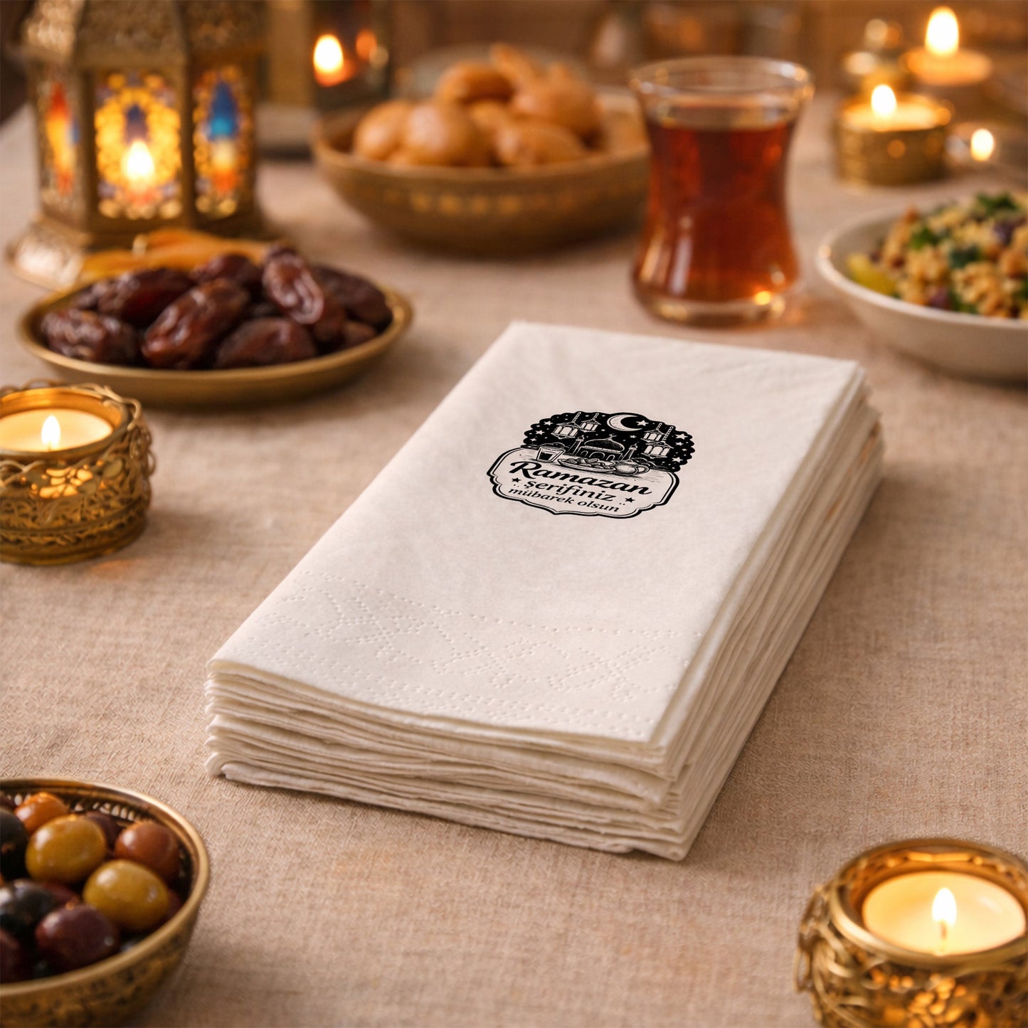 Siyah Etiket Desenli Ramazan Peçetesi – Ramazan Şerifiniz Mübarek Olsun | 33x33 cm