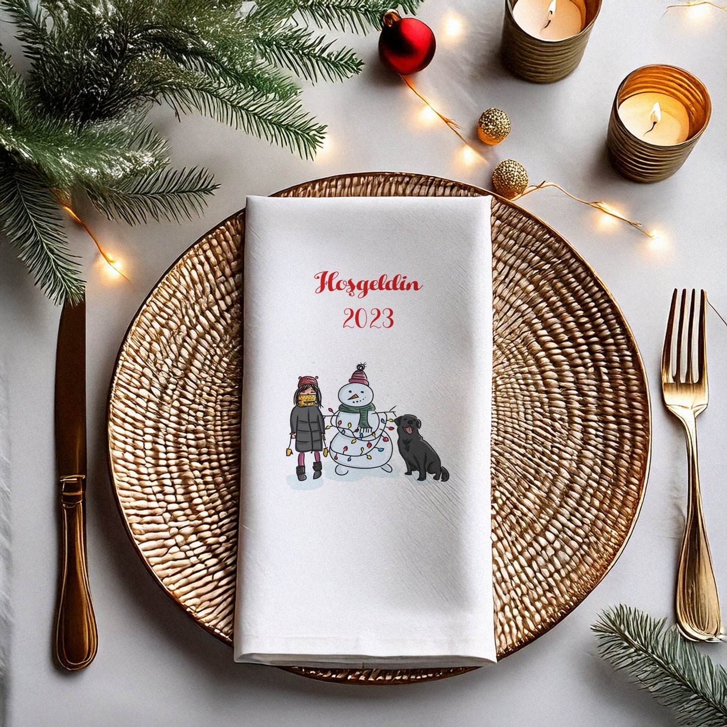 Hoşgeldin 2025 Yılbaşı Baskılı Peçete – Kardan Adam & Çocuk Temalı 33x33cm 20’li Garson Katlama