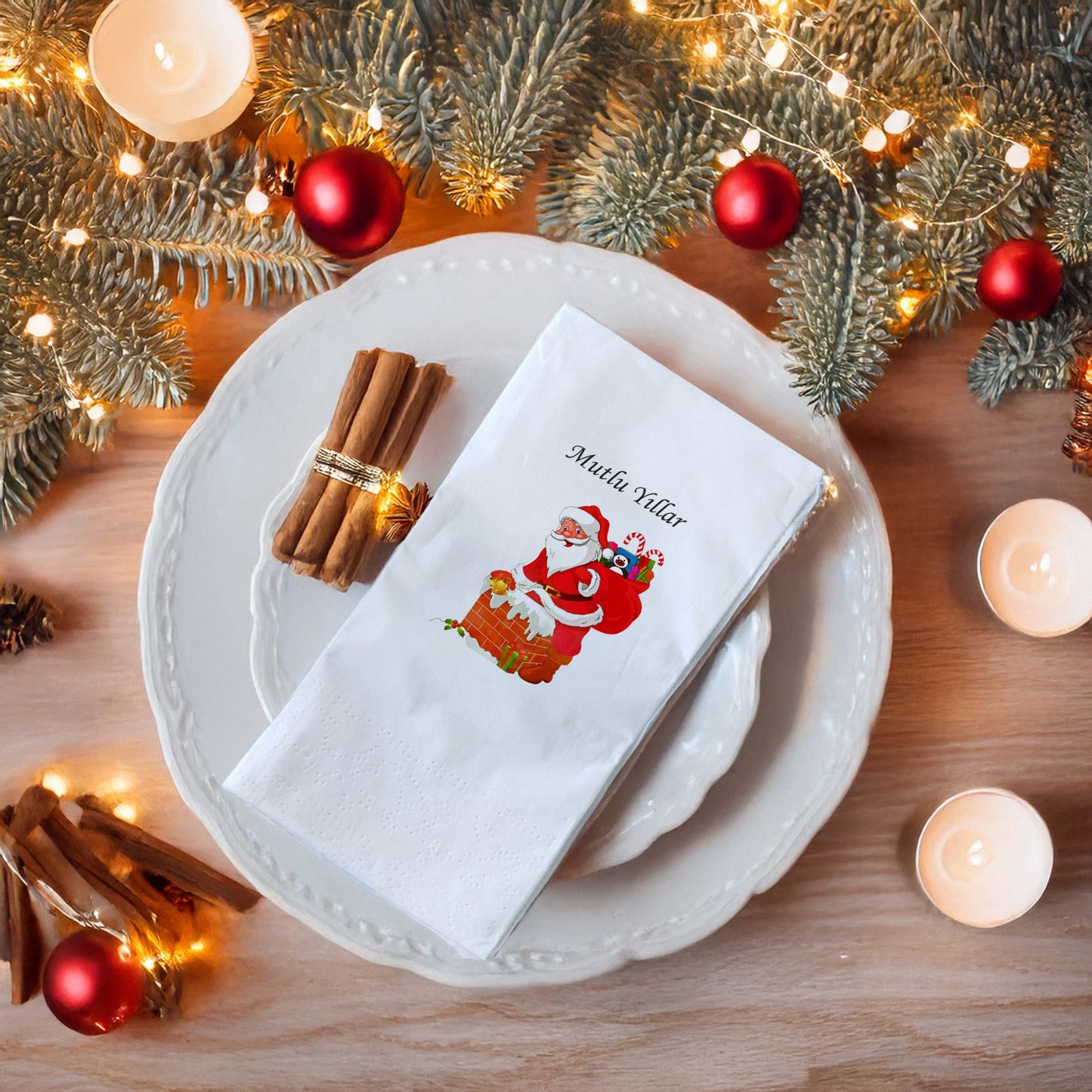 Mutlu Yıllar Noel Baba Bacadan Çıkıyor Desenli Yılbaşı Peçetesi – 20’li | 33x33cm Çift Katlı Selülozik | Kidzia 2026