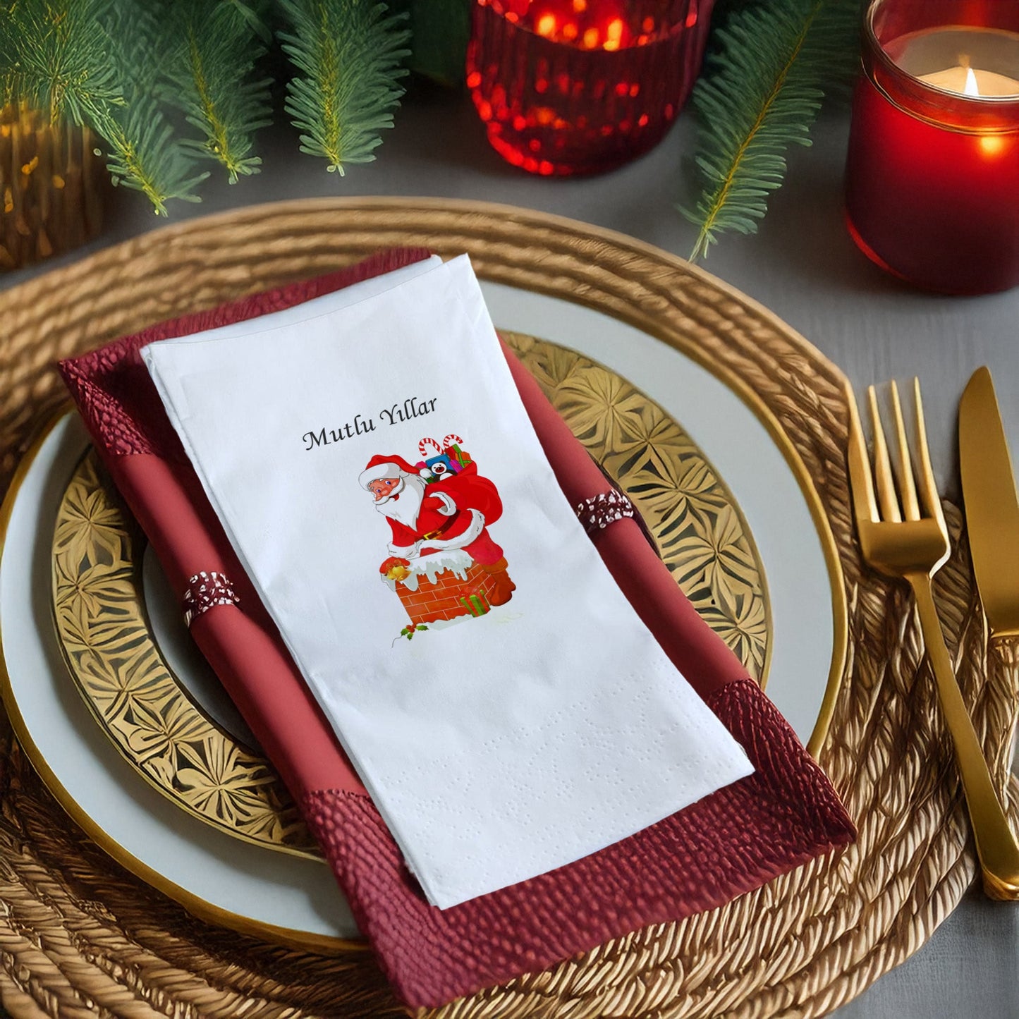 Mutlu Yıllar Noel Baba Bacadan Çıkıyor Desenli Yılbaşı Peçetesi – 20’li | 33x33cm Çift Katlı Selülozik | Kidzia 2026