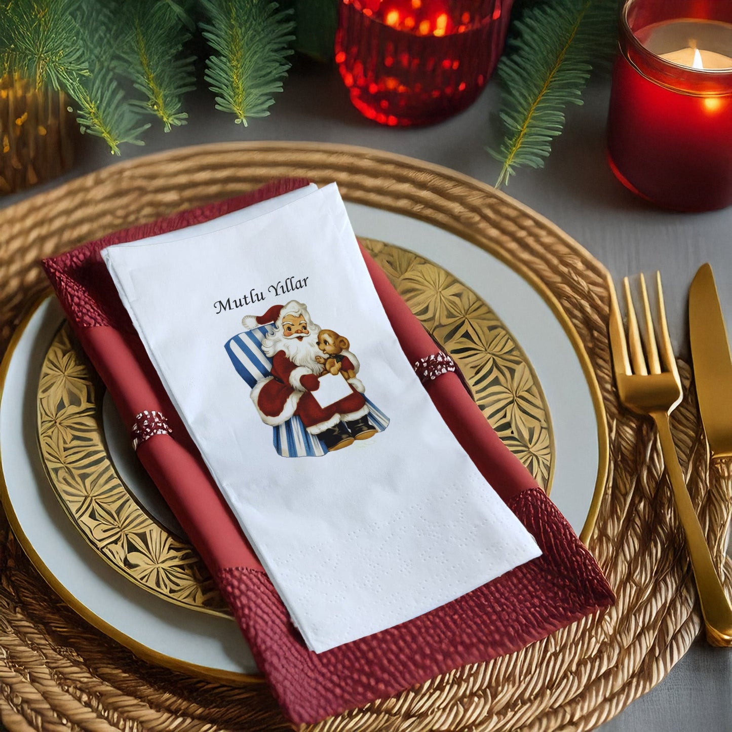 Mutlu Yıllar Vintage Noel Baba & Oyuncak Ayı Desenli Yılbaşı Peçetesi – 20’li | 33x33cm Çift Katlı Selülozik | Kidzia 2026