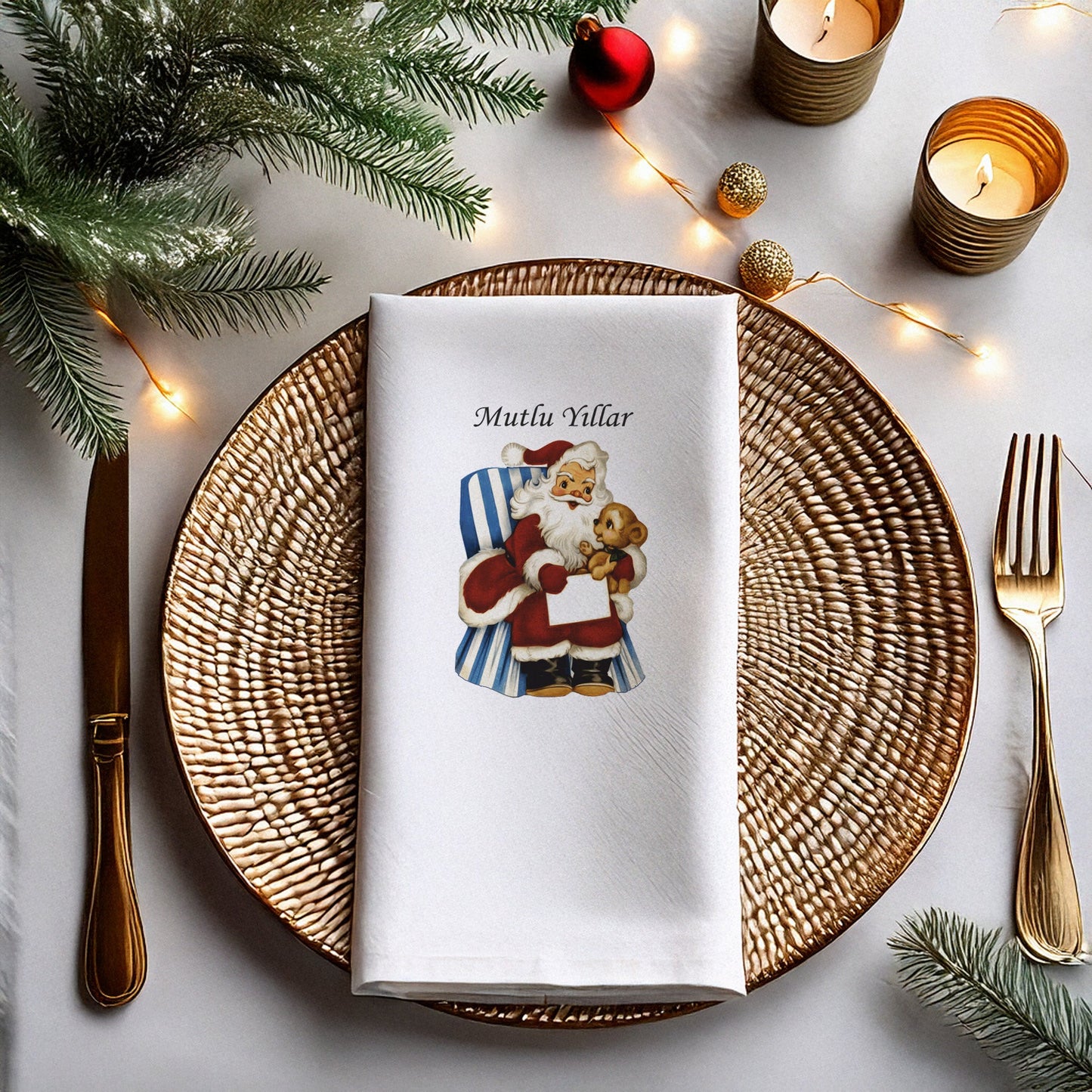 Mutlu Yıllar Vintage Noel Baba & Oyuncak Ayı Desenli Yılbaşı Peçetesi – 20’li | 33x33cm Çift Katlı Selülozik | Kidzia 2026