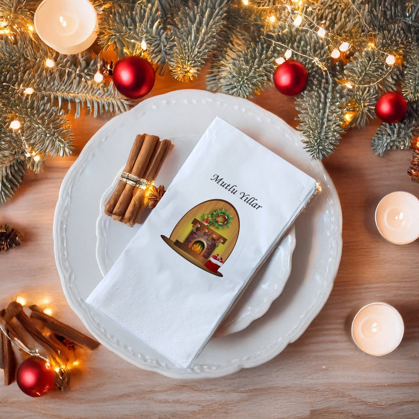 Mutlu Yıllar Şömine Desenli Yılbaşı Temalı Baskılı Peçete – 33x33cm Çift Katlı (20’li Paket)