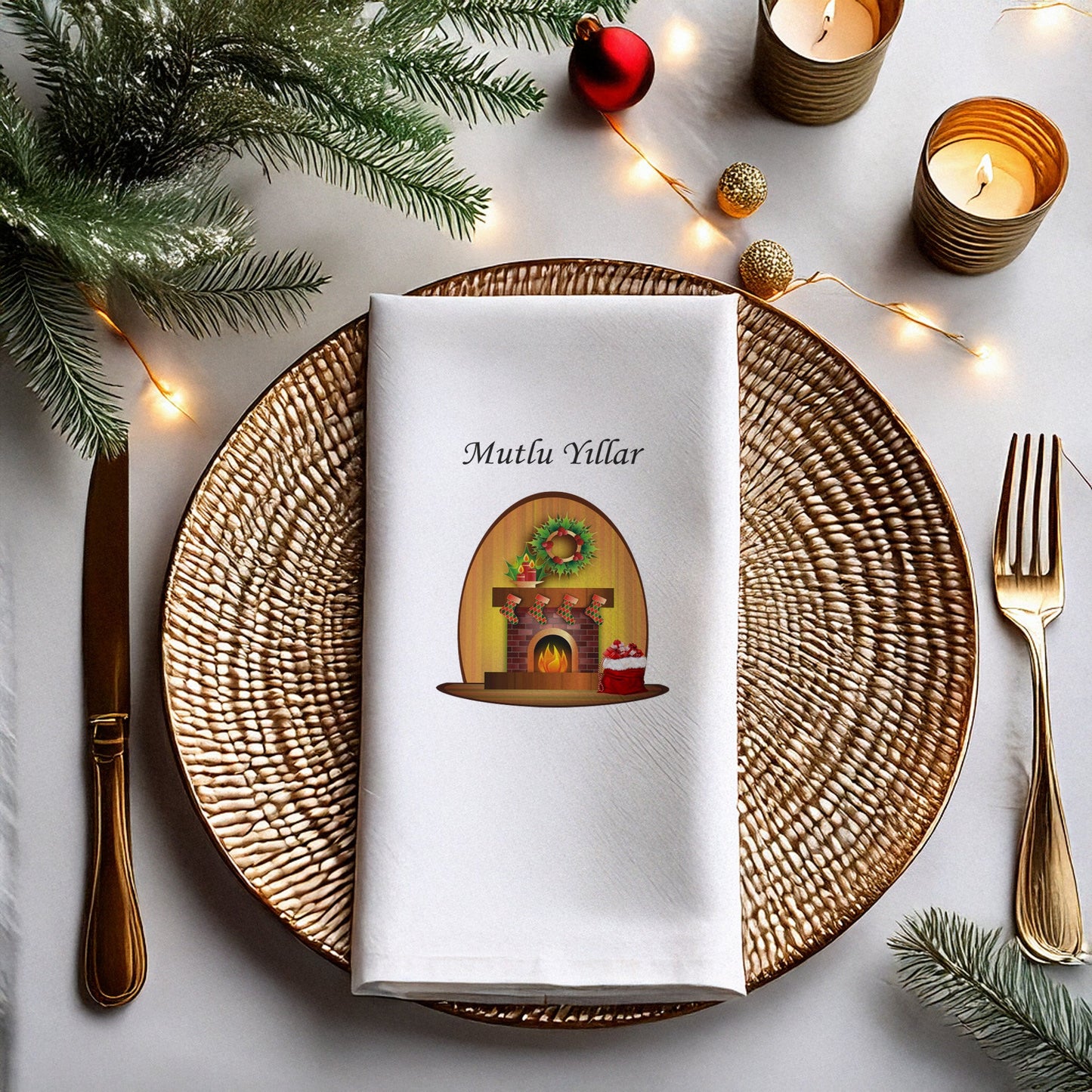 Mutlu Yıllar Şömine Desenli Yılbaşı Temalı Baskılı Peçete – 33x33cm Çift Katlı (20’li Paket)