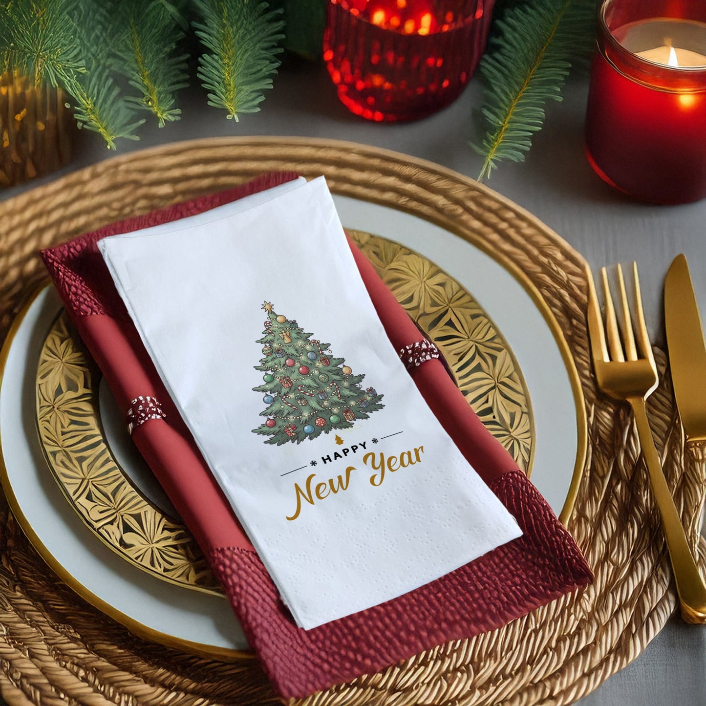 Happy New Year Baskılı Yılbaşı Peçetesi – Süslemeli Çam Ağacı Temalı Yeni Yıl Peçetesi | 33x33 cm, 20’li Paket