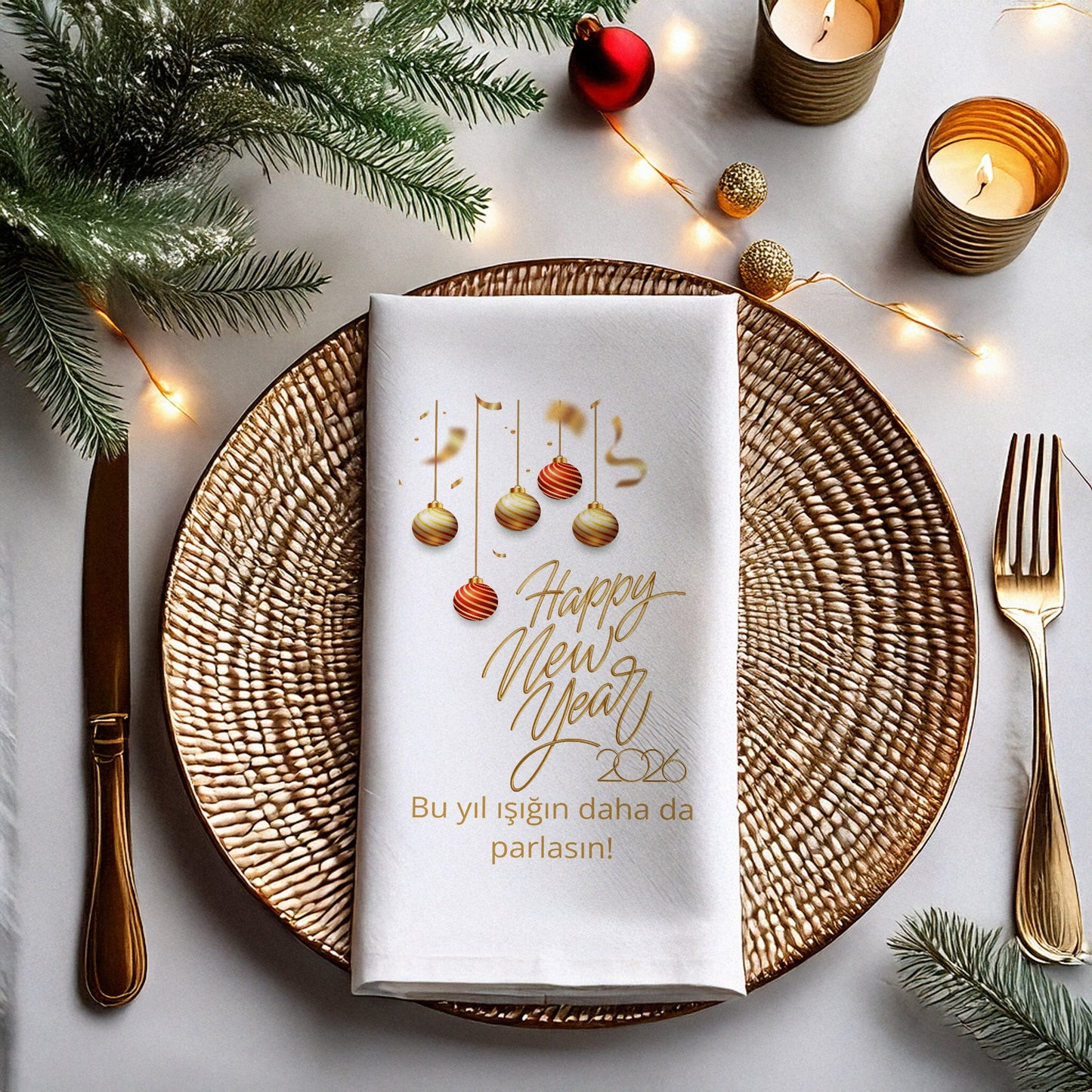 Altın Detaylı Happy New Year 2026 Peçetesi – Yılbaşı Süsleri ve Işıltılı Mesaj Baskılı Peçete | 33x33 cm, 20’li Paket