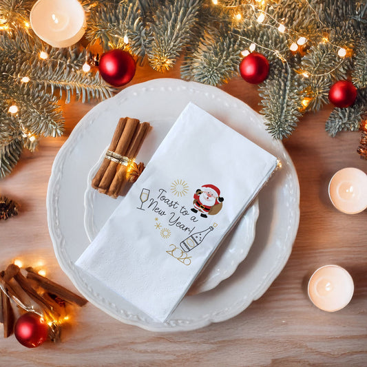 Toast to a New Year 2026 Peçetesi – Santa, Şampanya ve Yılbaşı Fişekli Eğlenceli Yılbaşı Peçetesi | 33x33 cm, 20’li Paket
