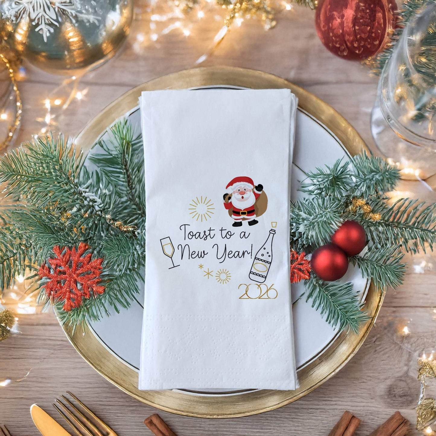 Toast to a New Year 2026 Peçetesi – Santa, Şampanya ve Yılbaşı Fişekli Eğlenceli Yılbaşı Peçetesi | 33x33 cm, 20’li Paket