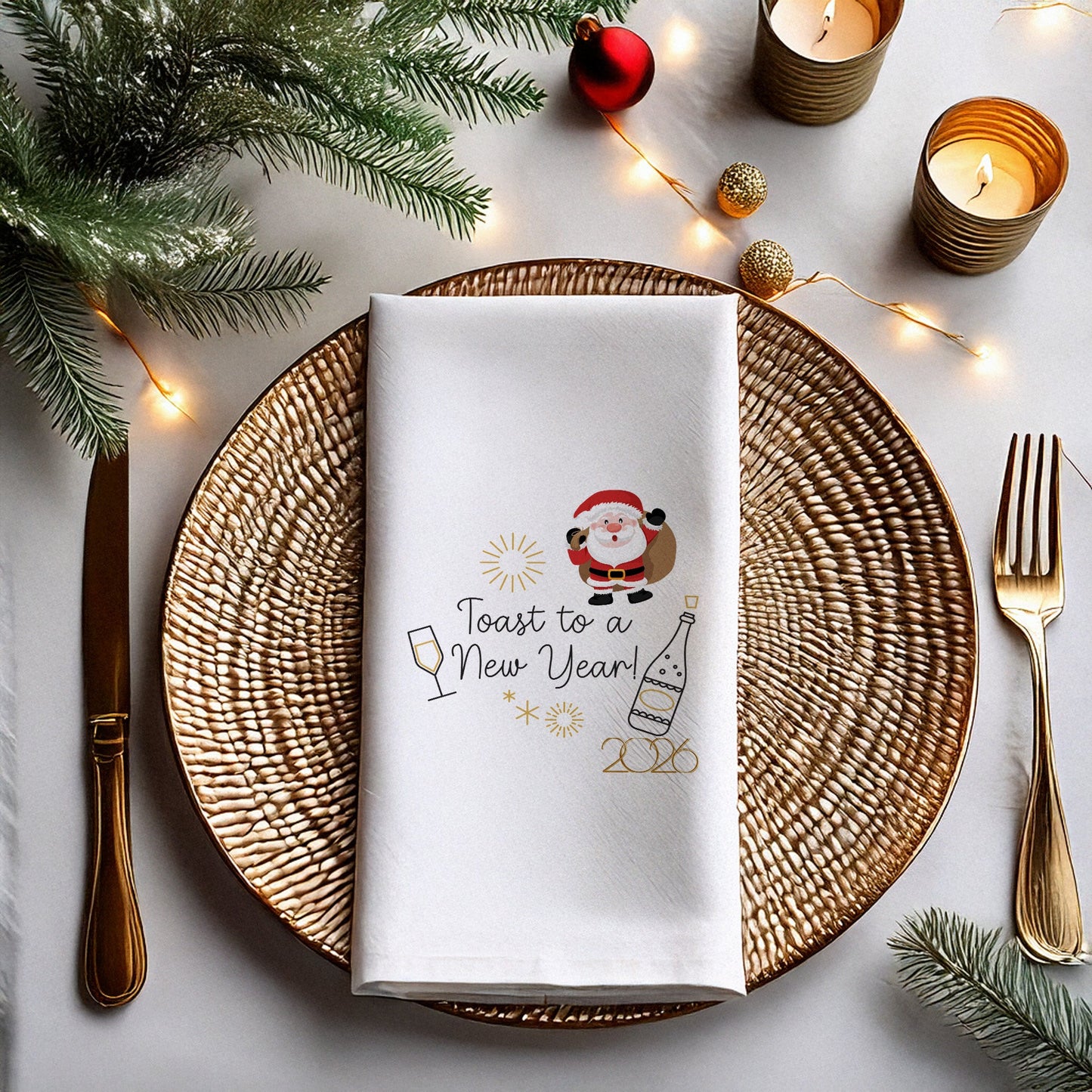 Toast to a New Year 2026 Peçetesi – Santa, Şampanya ve Yılbaşı Fişekli Eğlenceli Yılbaşı Peçetesi | 33x33 cm, 20’li Paket