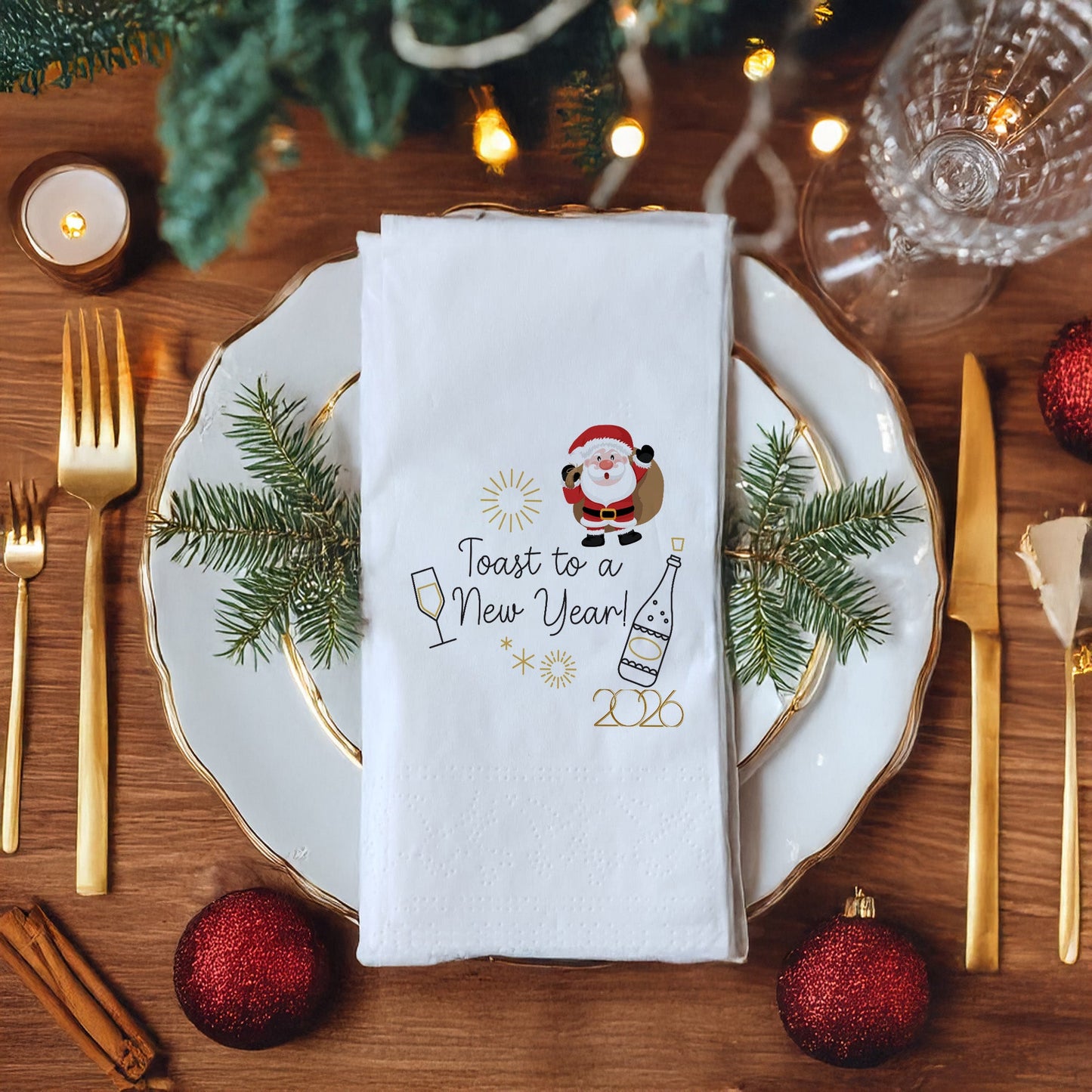 Toast to a New Year 2026 Peçetesi – Santa, Şampanya ve Yılbaşı Fişekli Eğlenceli Yılbaşı Peçetesi | 33x33 cm, 20’li Paket