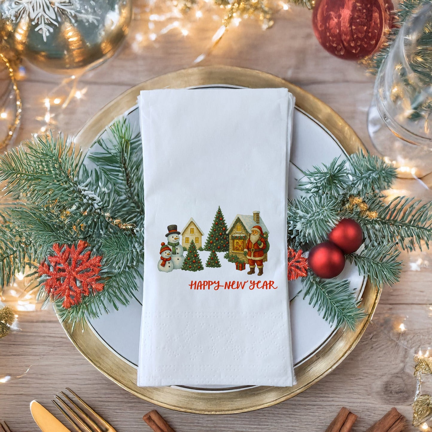 Vintage Christmas Köy Temalı Yılbaşı Peçetesi – Santa, Kardan Adam ve Kar Manzaralı Happy New Year Peçete | 33x33 cm, 20’li Paket