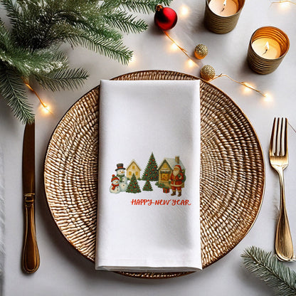 Vintage Christmas Köy Temalı Yılbaşı Peçetesi – Santa, Kardan Adam ve Kar Manzaralı Happy New Year Peçete | 33x33 cm, 20’li Paket