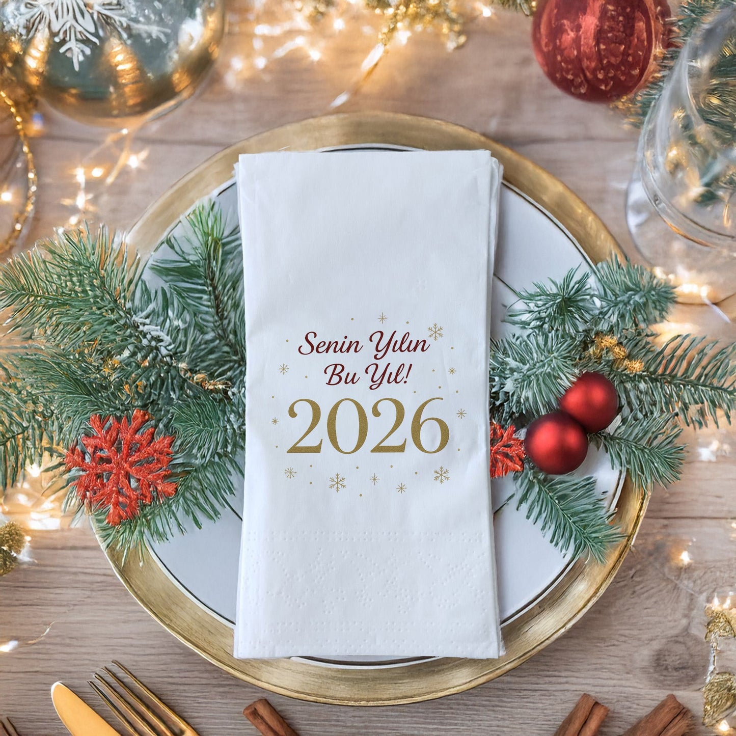 Senin Yılın Bu Yıl 2026 Temalı Yılbaşı Peçetesi – Altın Kar Tanesi Detaylı Yeni Yıl Mesajlı Peçete | 33x33 cm, 20’li Paket