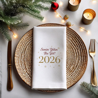 Senin Yılın Bu Yıl 2026 Temalı Yılbaşı Peçetesi – Altın Kar Tanesi Detaylı Yeni Yıl Mesajlı Peçete | 33x33 cm, 20’li Paket