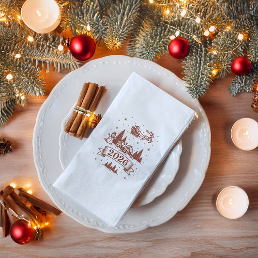 Vintage Çizim 2026 Yılbaşı Peçetesi – Santa, Ren Geyiği ve Kış Köyü Gravür Temalı Minimal Baskılı Peçete | 33x33 cm, 20’li Paket