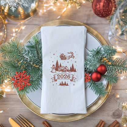 Vintage Çizim 2026 Yılbaşı Peçetesi – Santa, Ren Geyiği ve Kış Köyü Gravür Temalı Minimal Baskılı Peçete | 33x33 cm, 20’li Paket