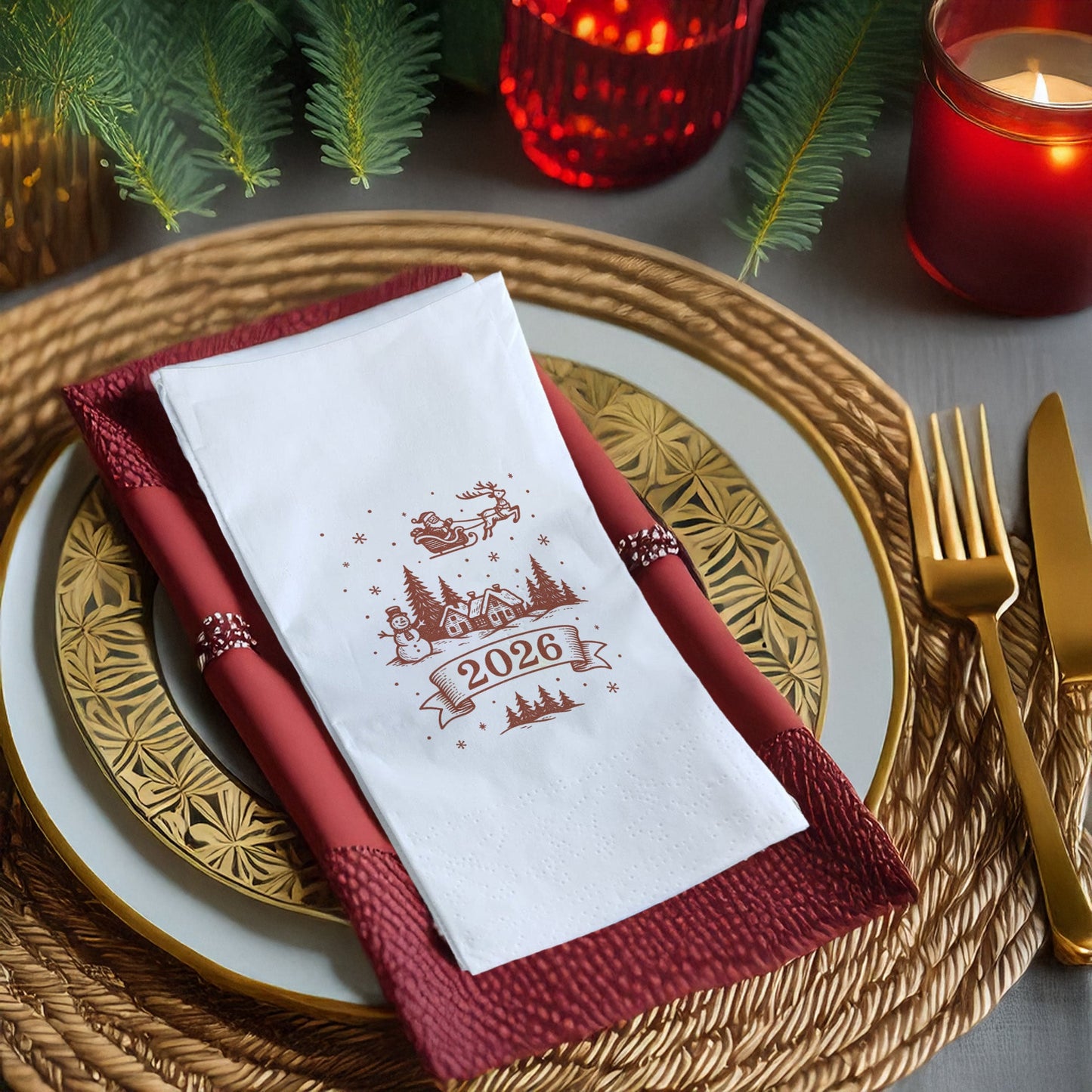 Vintage Çizim 2026 Yılbaşı Peçetesi – Santa, Ren Geyiği ve Kış Köyü Gravür Temalı Minimal Baskılı Peçete | 33x33 cm, 20’li Paket