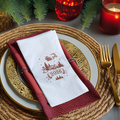 Vintage Çizim 2026 Yılbaşı Peçetesi – Santa, Ren Geyiği ve Kış Köyü Gravür Temalı Minimal Baskılı Peçete | 33x33 cm, 20’li Paket