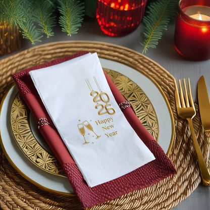 Gold 2026 & Champagne Happy New Year Baskılı Peçete – Lüks Yılbaşı Tasarımı | 33x33 cm, 20’li Paket