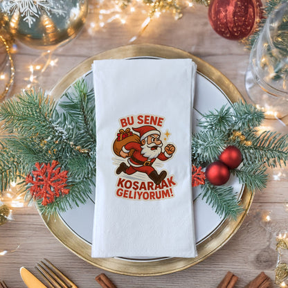 Koşan Santa “Bu Sene Koşarak Geliyorum!” Komik Yılbaşı Peçetesi – 33x33 cm, 20’li Paket