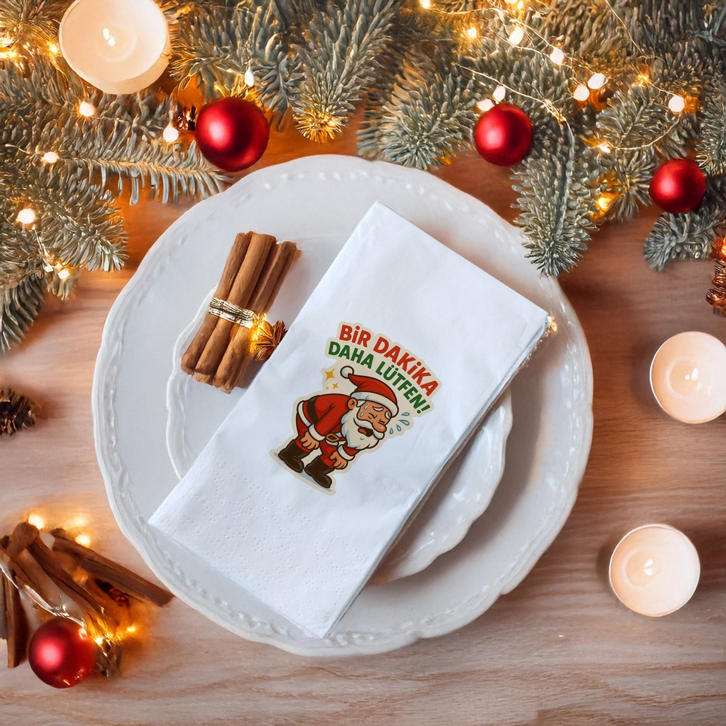 “Bir Dakika Daha Lütfen!” Yorgun Santa Komik Yılbaşı Peçetesi – 33x33 cm, 20’li Paket
