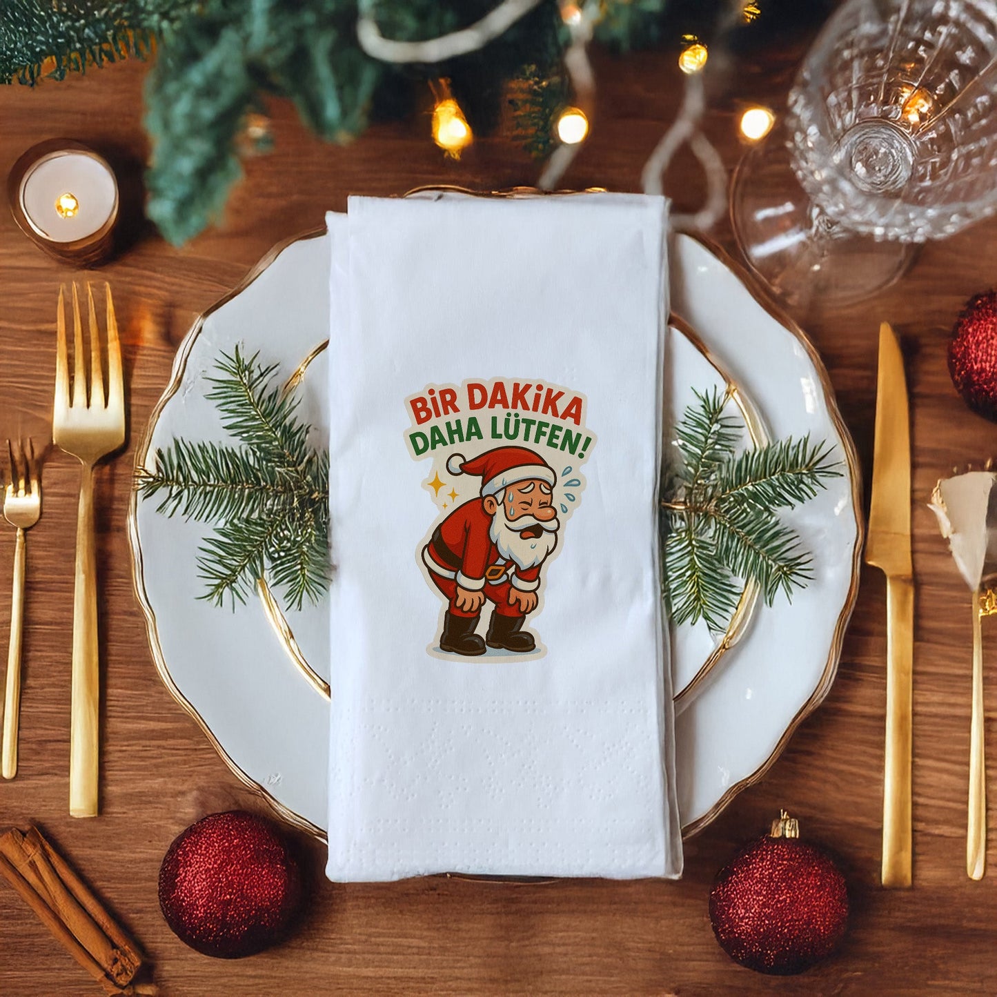 “Bir Dakika Daha Lütfen!” Yorgun Santa Komik Yılbaşı Peçetesi – 33x33 cm, 20’li Paket