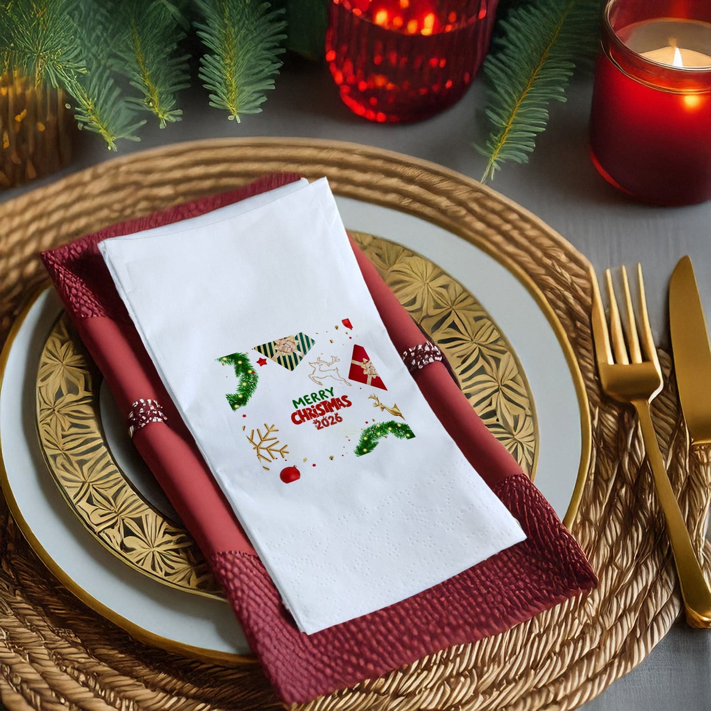 Merry Christmas 2026 Lüks Altın Detaylı Yılbaşı Peçetesi – 33x33 cm, 20’li