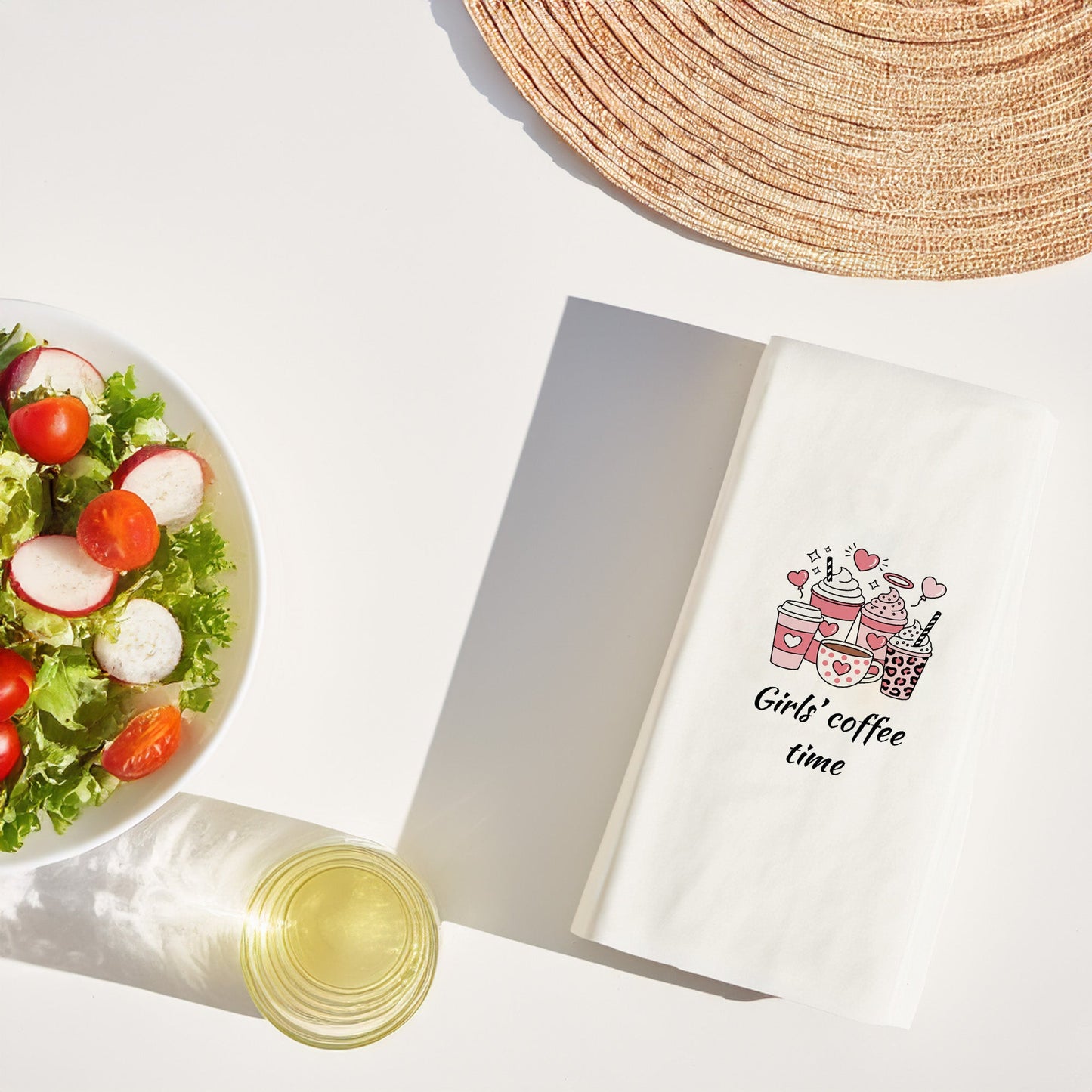 Kahve Desenli Baskılı Peçete ''Gırls coffe time'' – Kalpli Pembe Kahve Kupaları Tasarım