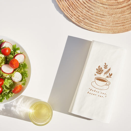 Kahve Var Huzur Var Baskılı Peçete – Minimal Bitkisel Kahve Tasarımı