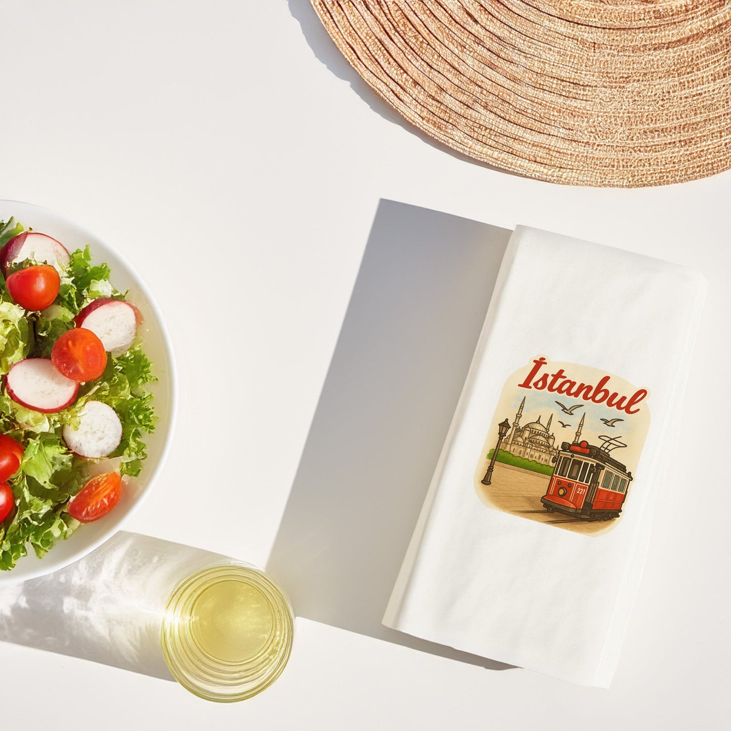 İstanbul Şehir Desenli Baskılı Peçete | Nostaljik Tramvay ve Camii Motifli Sofra Peçetesi