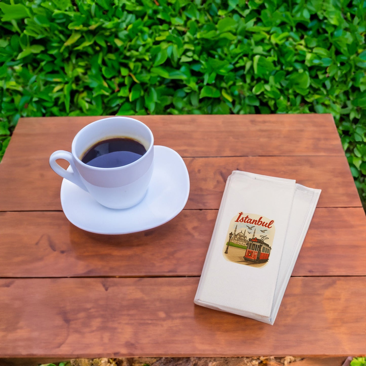 İstanbul Şehir Desenli Baskılı Peçete | Nostaljik Tramvay ve Camii Motifli Sofra Peçetesi