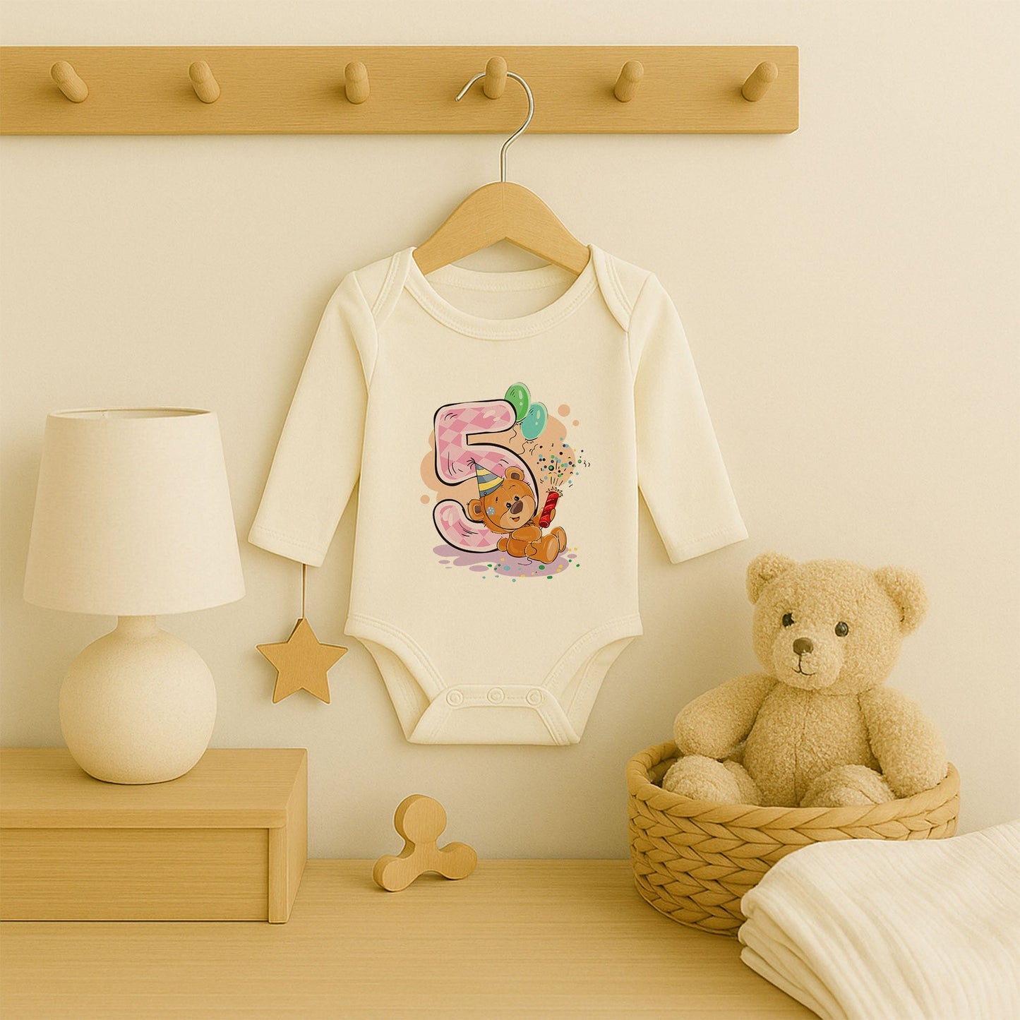 Kişiye Özel Doğum Günü Bebek Zıbını – 5 Yaş Ayıcık Tasarım | 1–36 Ay