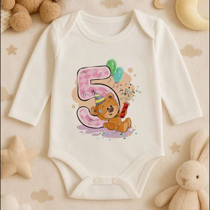 Kişiye Özel Doğum Günü Bebek Zıbını – 5 Yaş Ayıcık Tasarım | 1–36 Ay