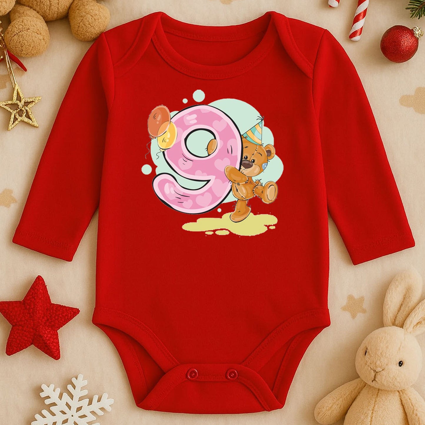 Kişiye Özel Doğum Günü Bebek Zıbını – 9 Yaş Ayıcık Tasarım | 1–36 Ay