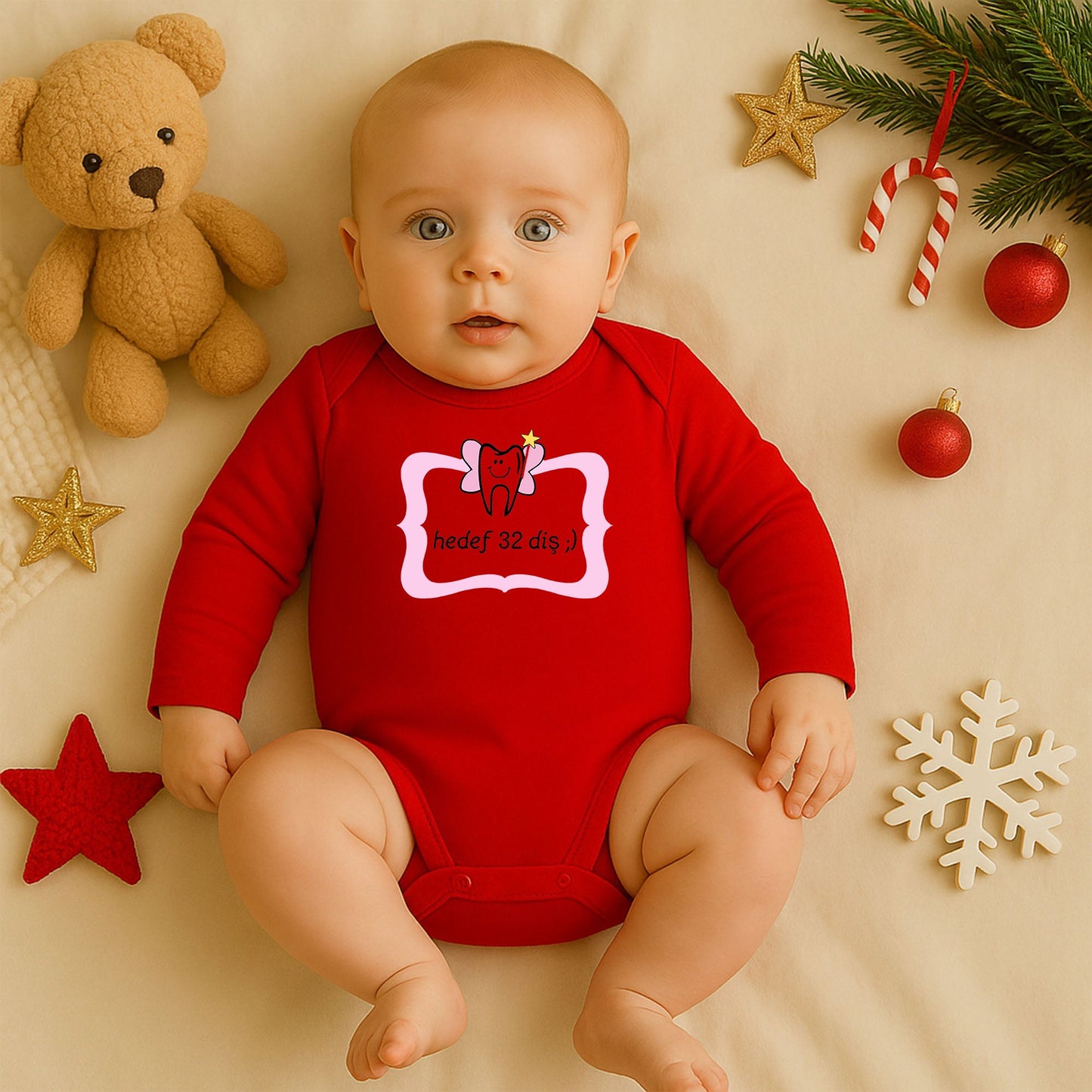 Kişiye Özel Bebek Zıbını – “Hedef 32 Diş” Diş Perisi Tasarım | 1–36 Ay