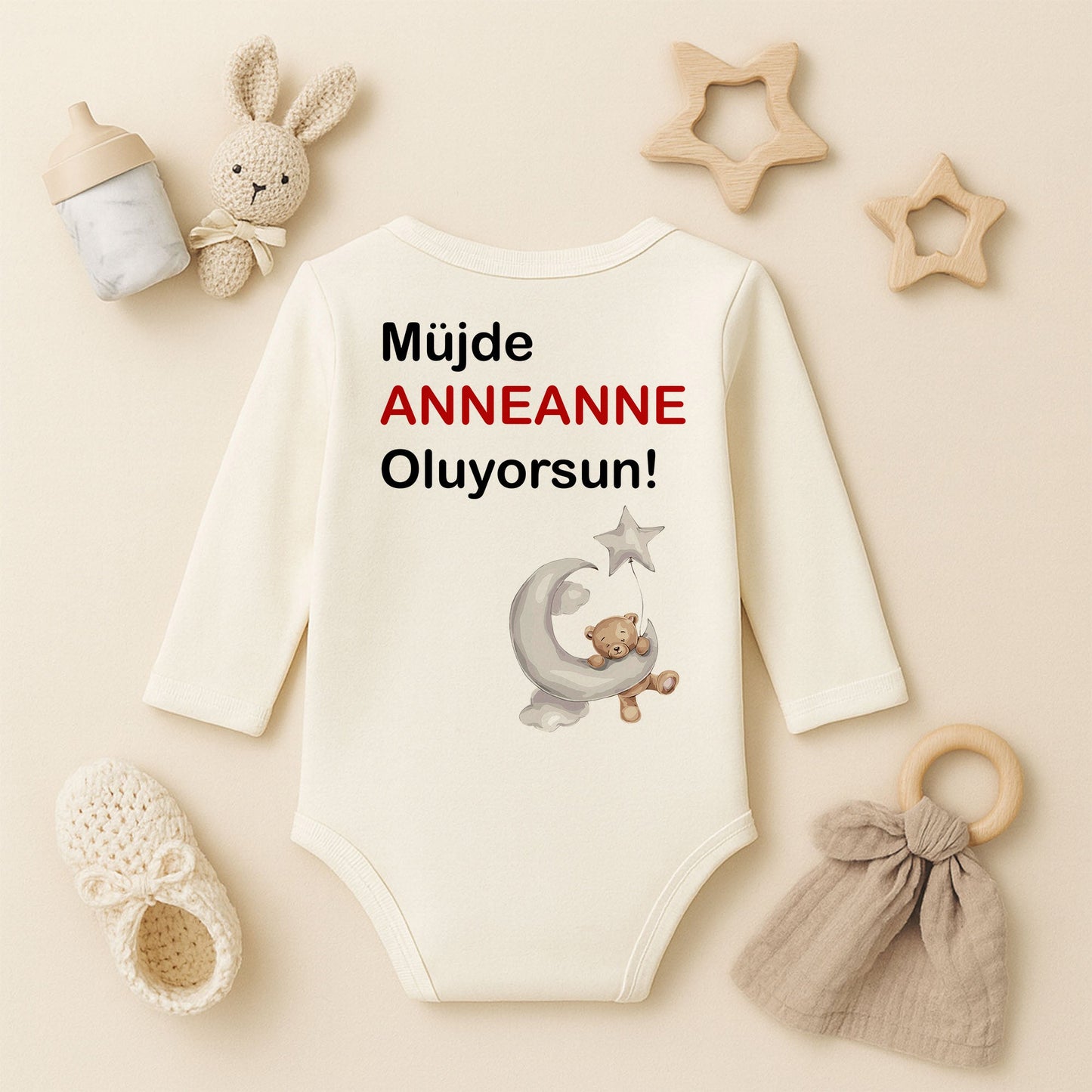 Kişiye Özel Bebek Zıbını – Anneanne Tasarım Ayıcık & Ay | 1–36 Ay