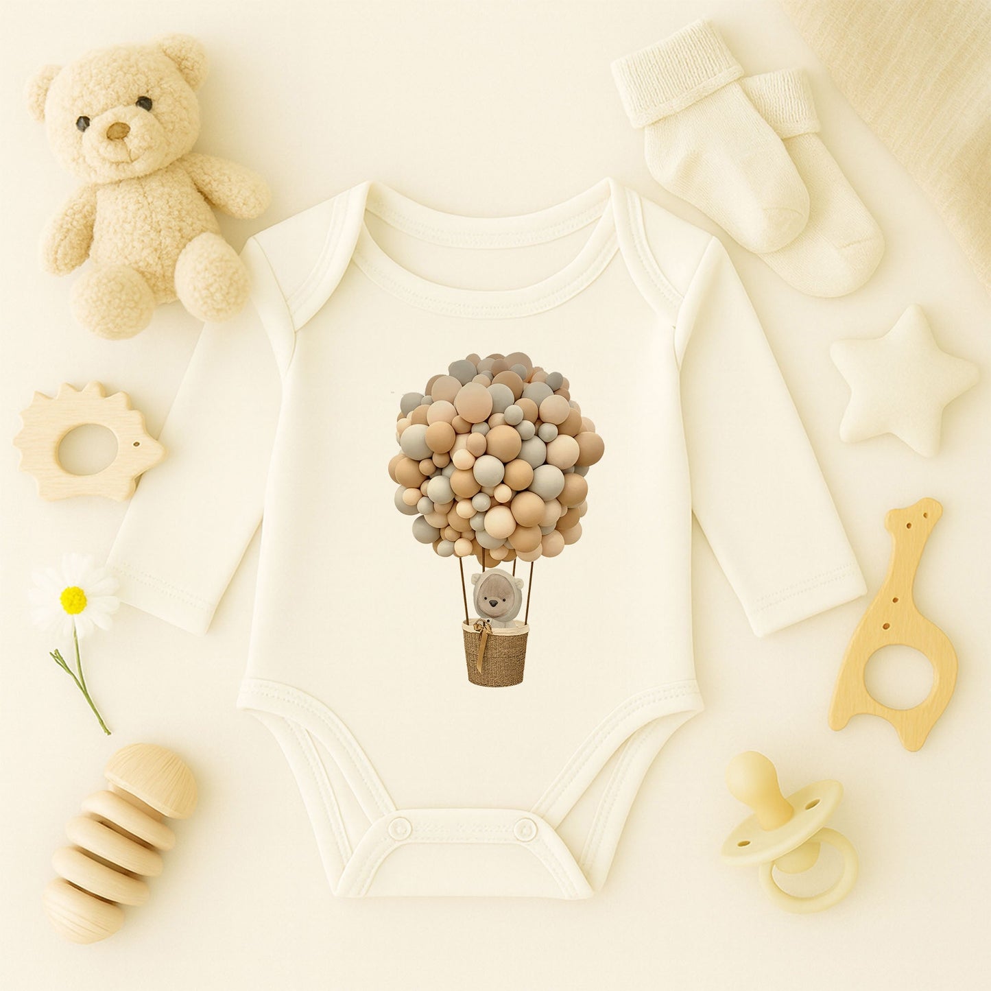 Balon Buketi & Ayıcık Sepet Tasarımlı Bebek Zıbını | 1–36 Ay | Nötr Ton Butik Model