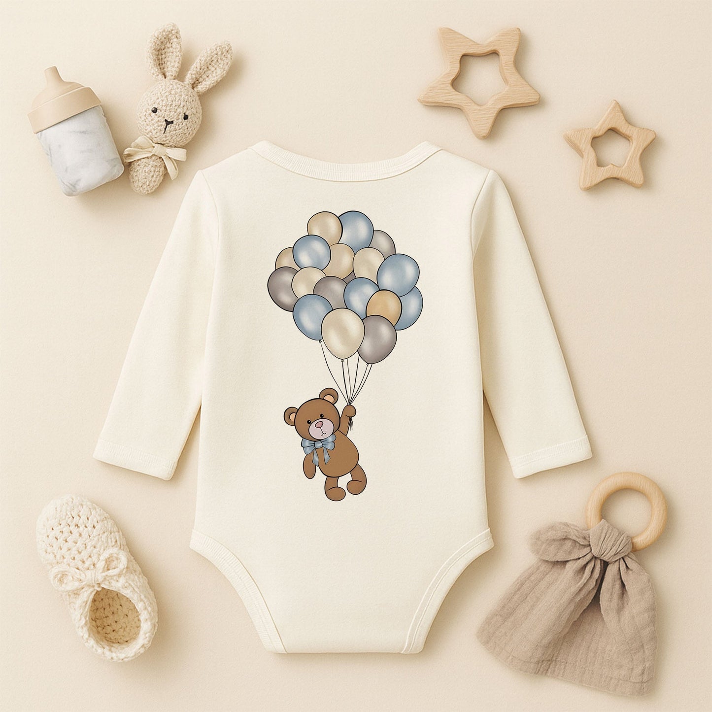 Soft Renk Balonlu Ayıcık Baskılı Bebek Zıbını | Unisex Premium Model | 1–36 Ay