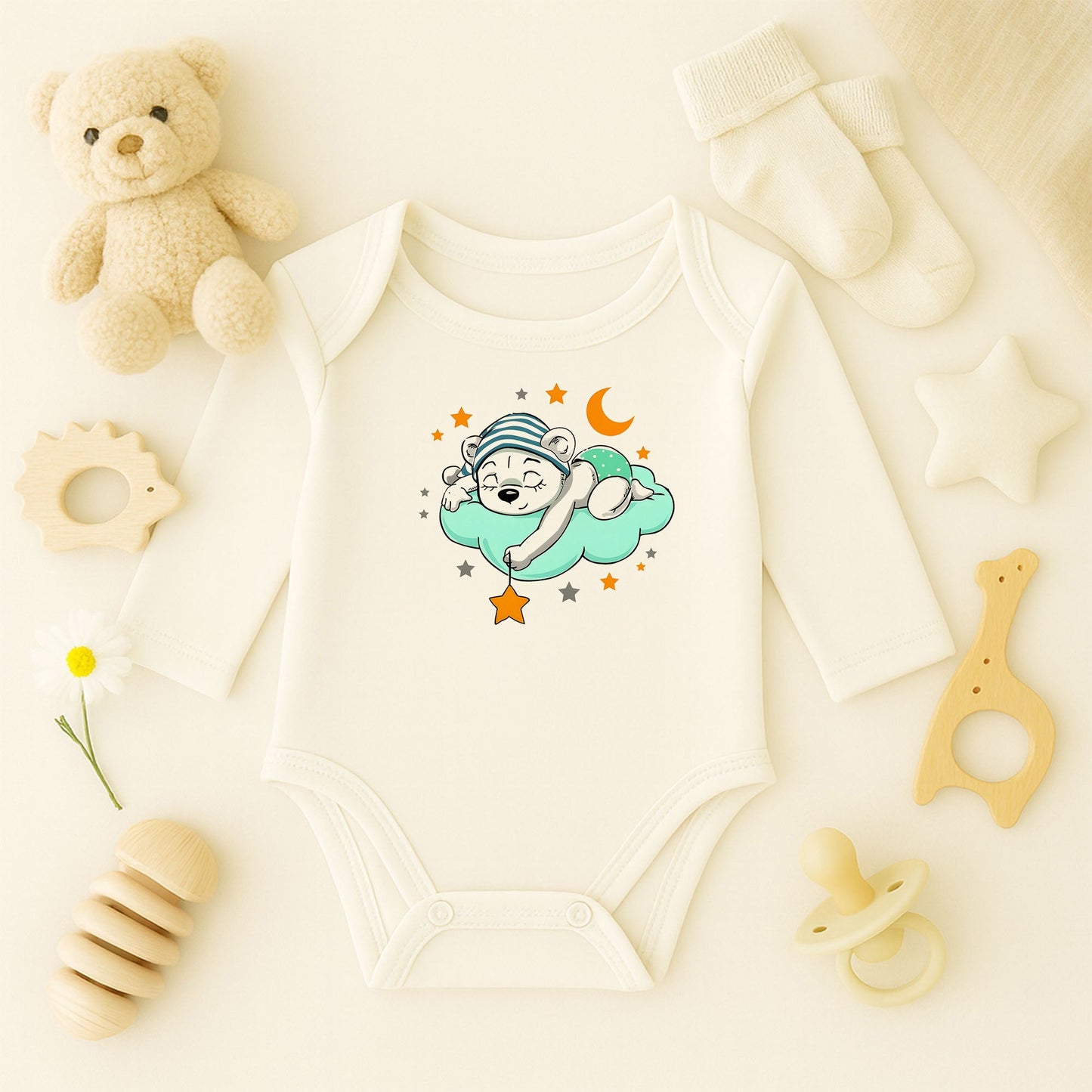 Uyuyan Ayıcık Bulut & Yıldız Baskılı Bebek Zıbını | Unisex | 1–36 Ay | Gece Temalı