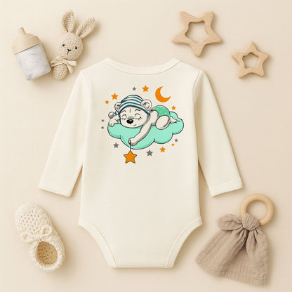 Uyuyan Ayıcık Bulut & Yıldız Baskılı Bebek Zıbını | Unisex | 1–36 Ay | Gece Temalı