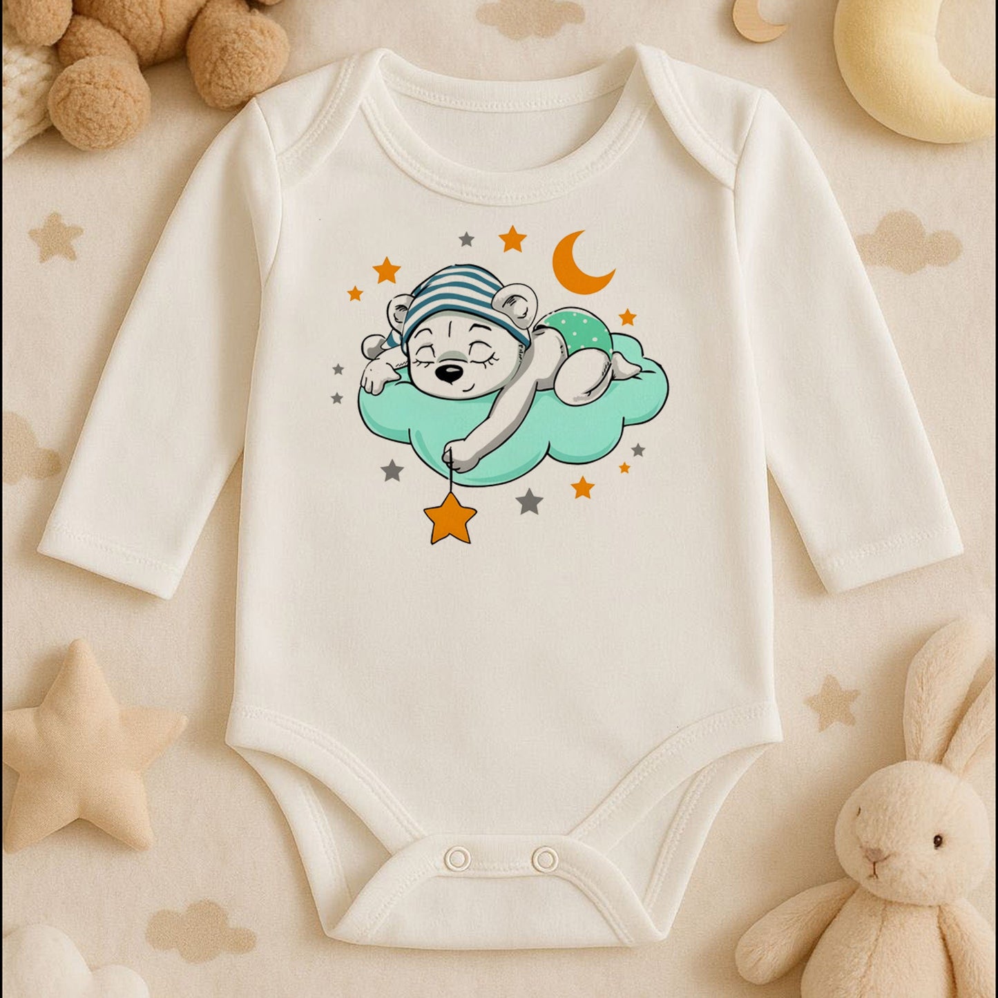 Uyuyan Ayıcık Bulut & Yıldız Baskılı Bebek Zıbını | Unisex | 1–36 Ay | Gece Temalı