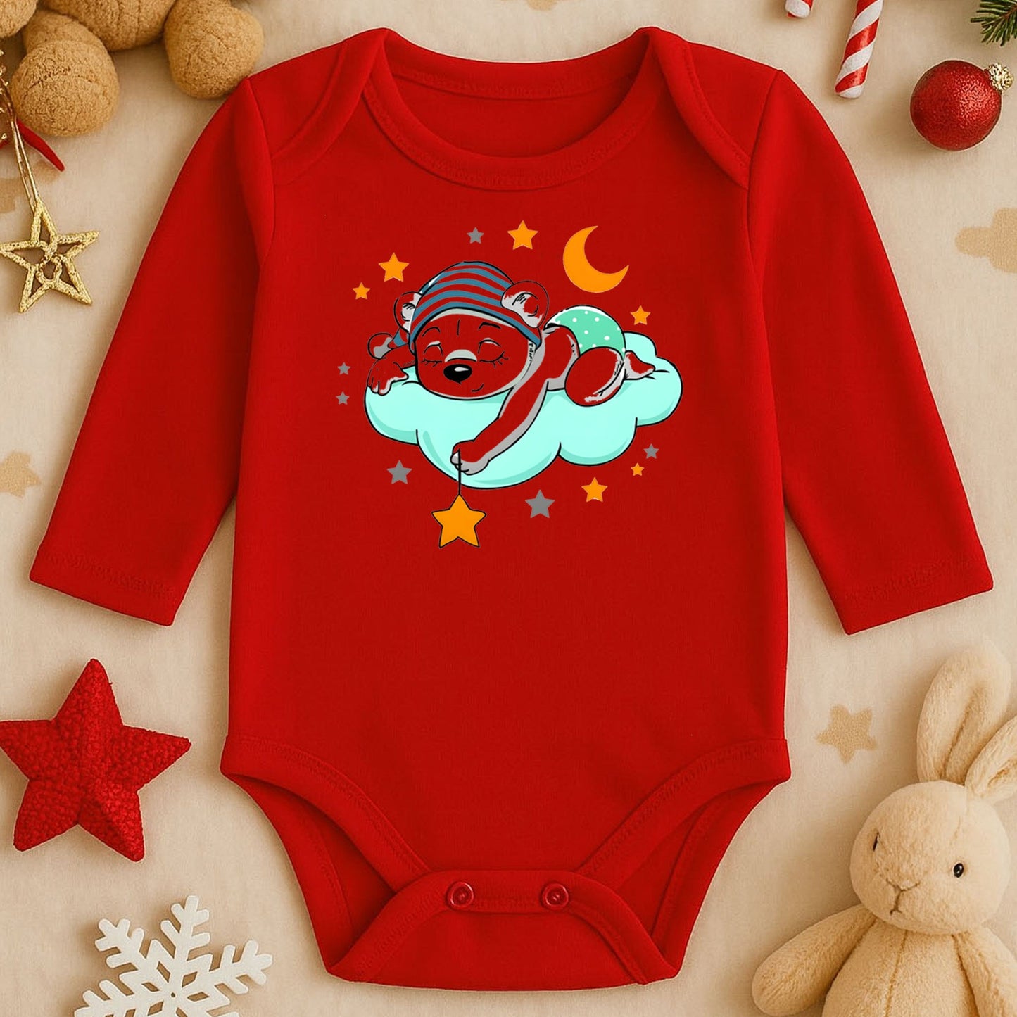 Uyuyan Ayıcık Bulut & Yıldız Baskılı Bebek Zıbını | Unisex | 1–36 Ay | Gece Temalı