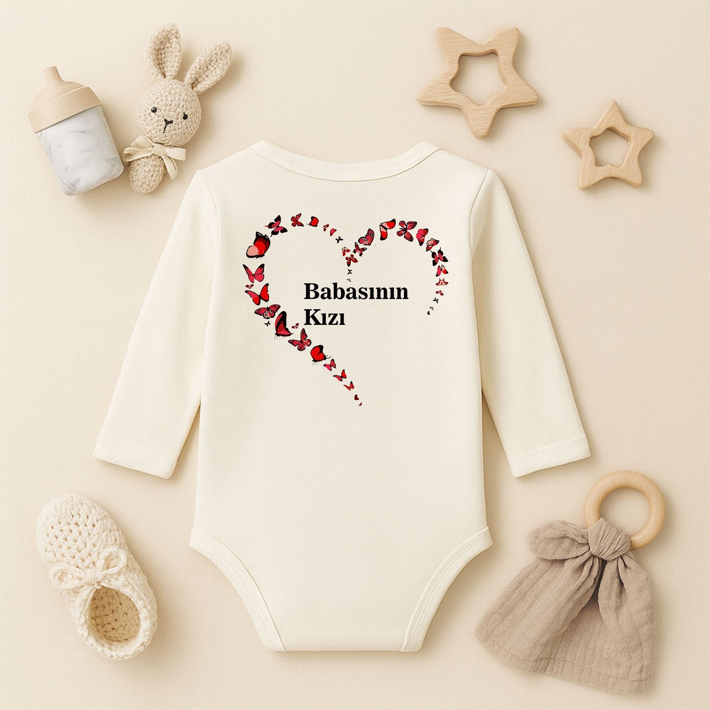 Kırmızı Kelebek Kalp Baskılı Bebek Zıbını | 1–36 Ay | Aşk & Kalp Temalı