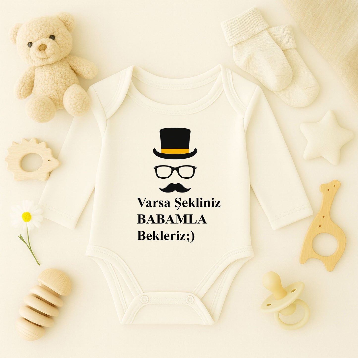 Beyfendi Şapka, Gözlük ve Bıyık Desenli Bebek Zıbını | 1–36 Ay | Gentleman Temalı