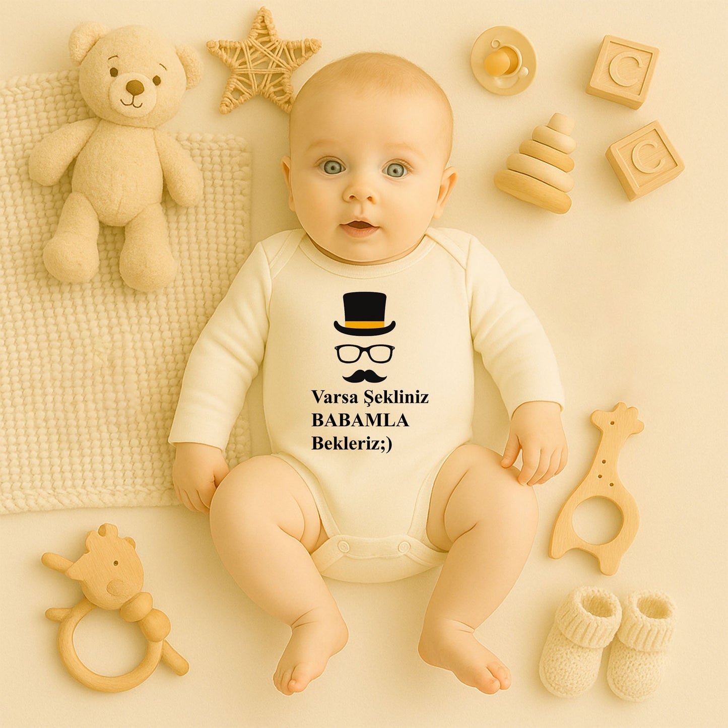 Beyfendi Şapka, Gözlük ve Bıyık Desenli Bebek Zıbını | 1–36 Ay | Gentleman Temalı