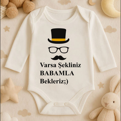 Beyfendi Şapka, Gözlük ve Bıyık Desenli Bebek Zıbını | 1–36 Ay | Gentleman Temalı