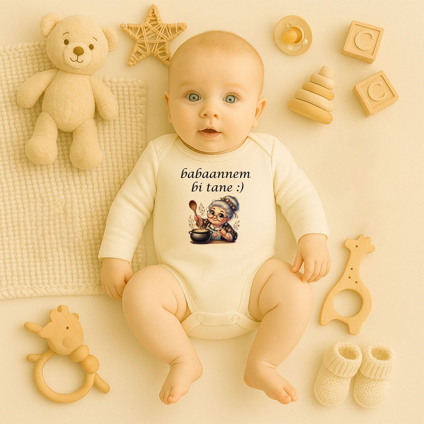 Babaannesinin Mini Şefi Bebek Zıbın – Sevimli Anneanne İllüstrasyonlu Tasarım | 1–36 Ay