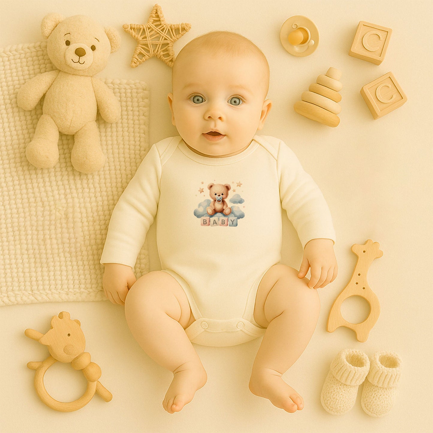 Kişiye Özel Ayıcık Temalı Bebek Zıbını – 1–36 Ay | DTF Baskı, Hassas Cilt Dostu